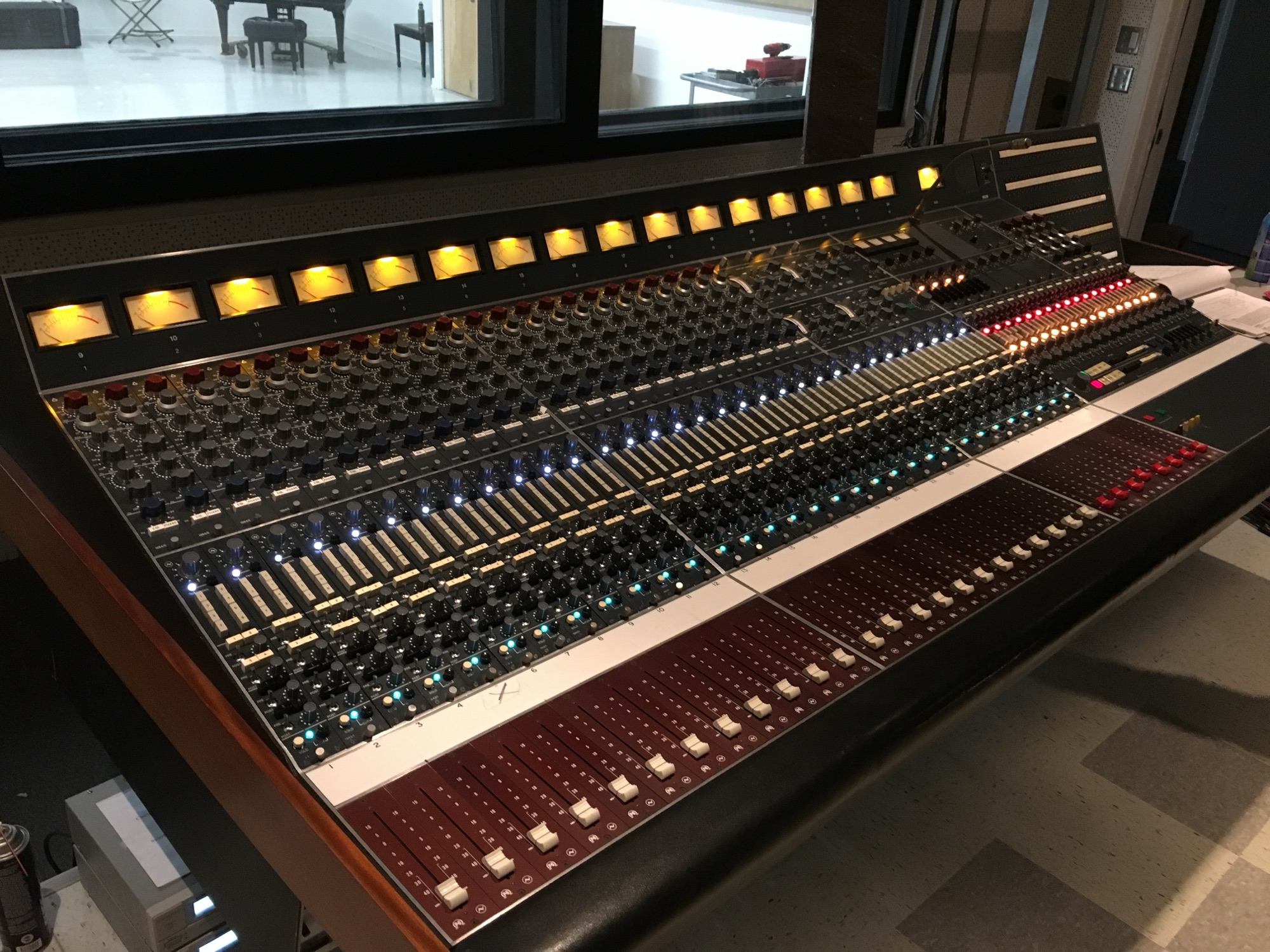 The 1973 Neve 8036 in Studio A at Sound City, installed and live, meters lit